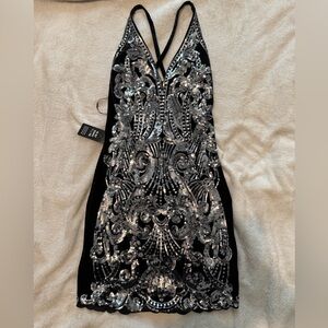 Express Black and Silver Sequin Halter Sheath Dress